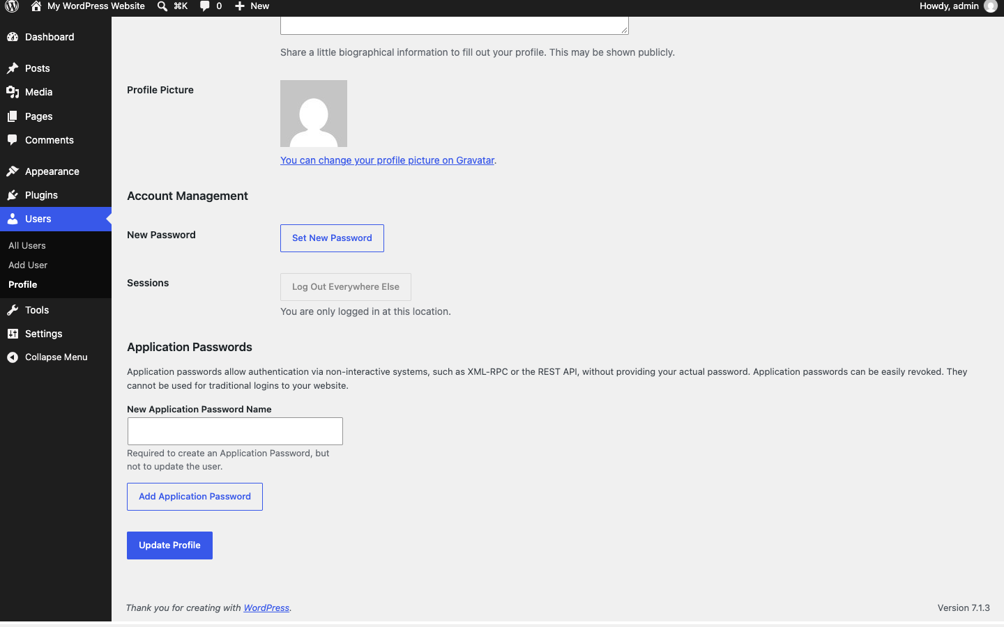 WordPress Admin Users Profile screen with the Application Passwords section and Add Application Password button