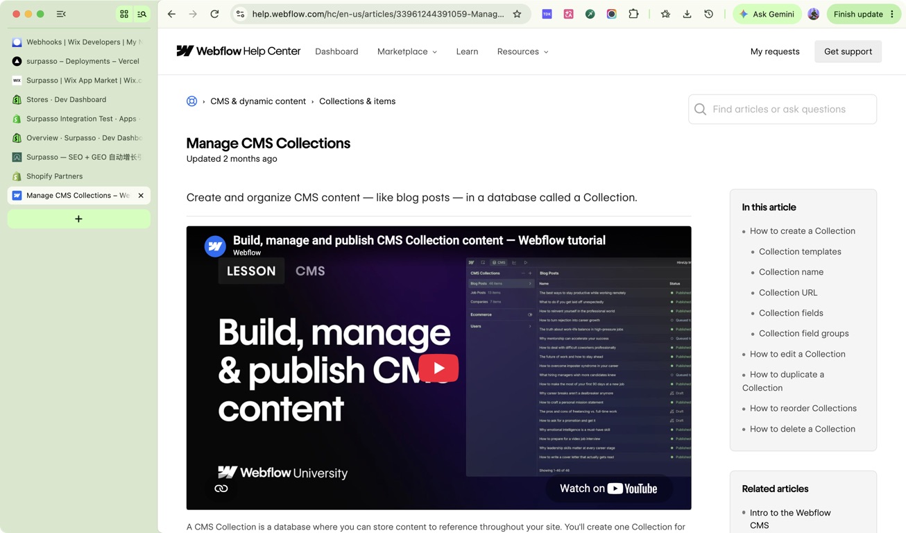 Webflow Help Center Manage CMS Collections guide with the official CMS tutorial and Collection setup sections