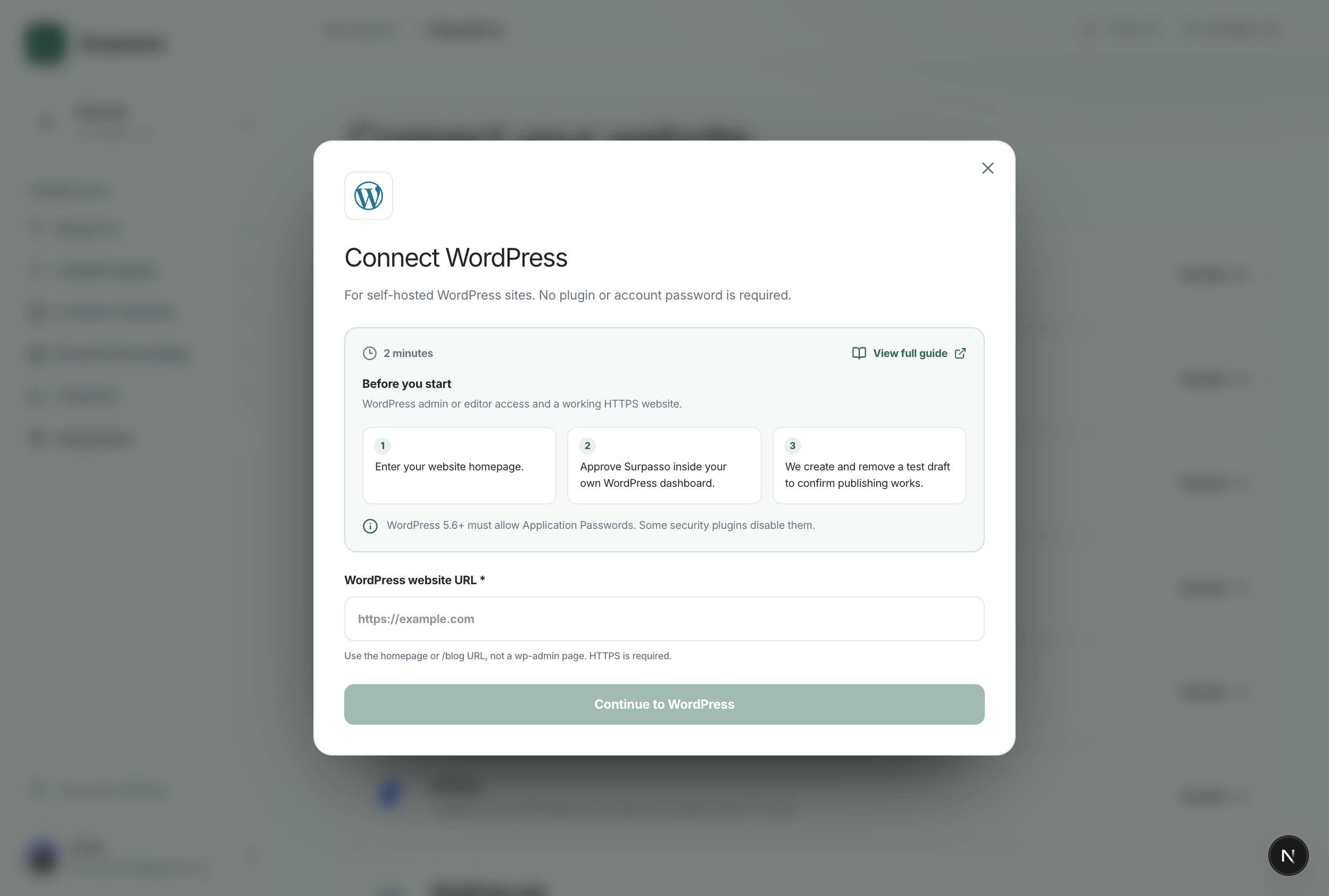 Surpasso WordPress connection window shown after the target WordPress site is ready