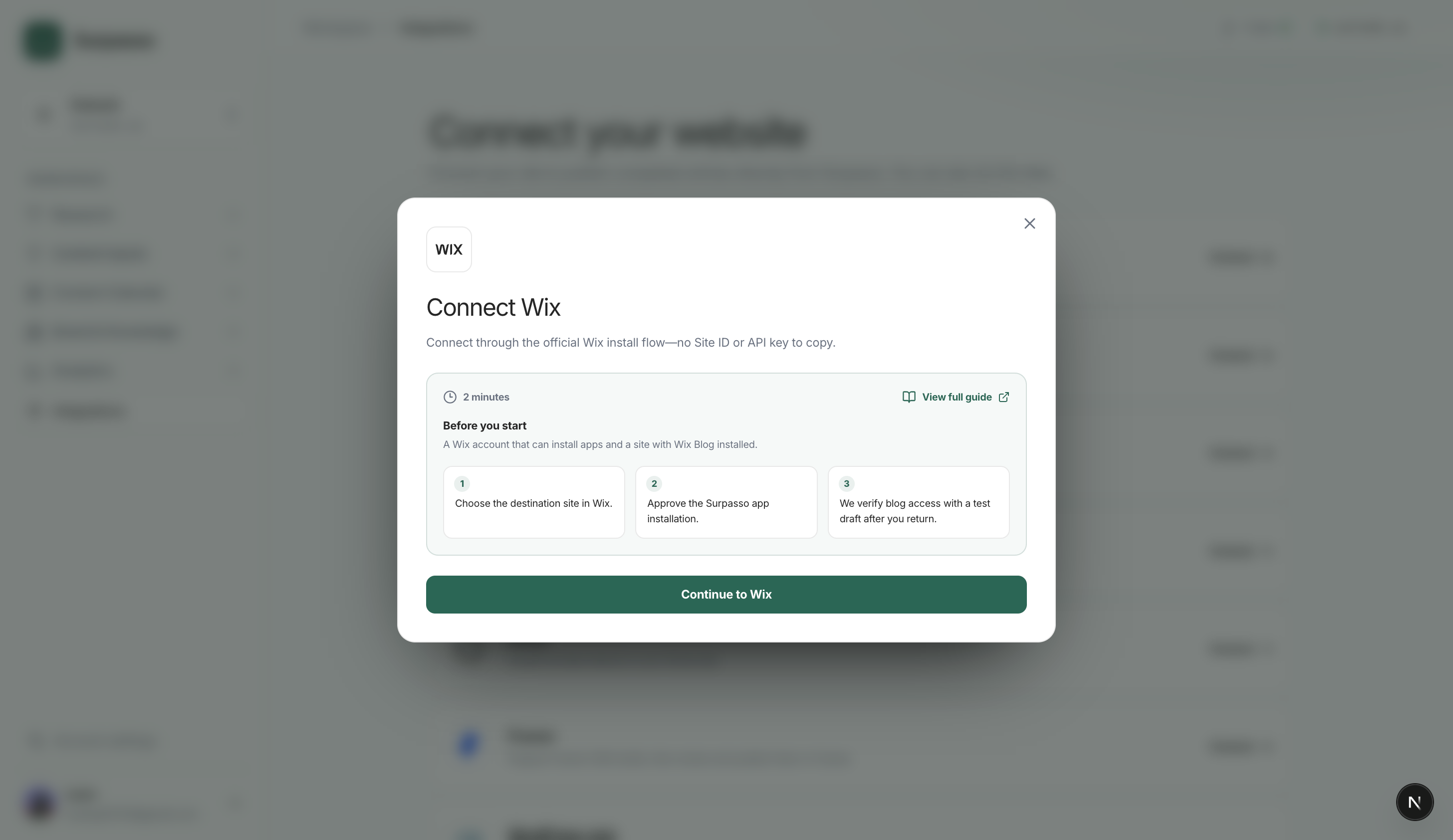目标网站安装 Wix Blog 后,Surpasso 中的 Wix 连接窗口