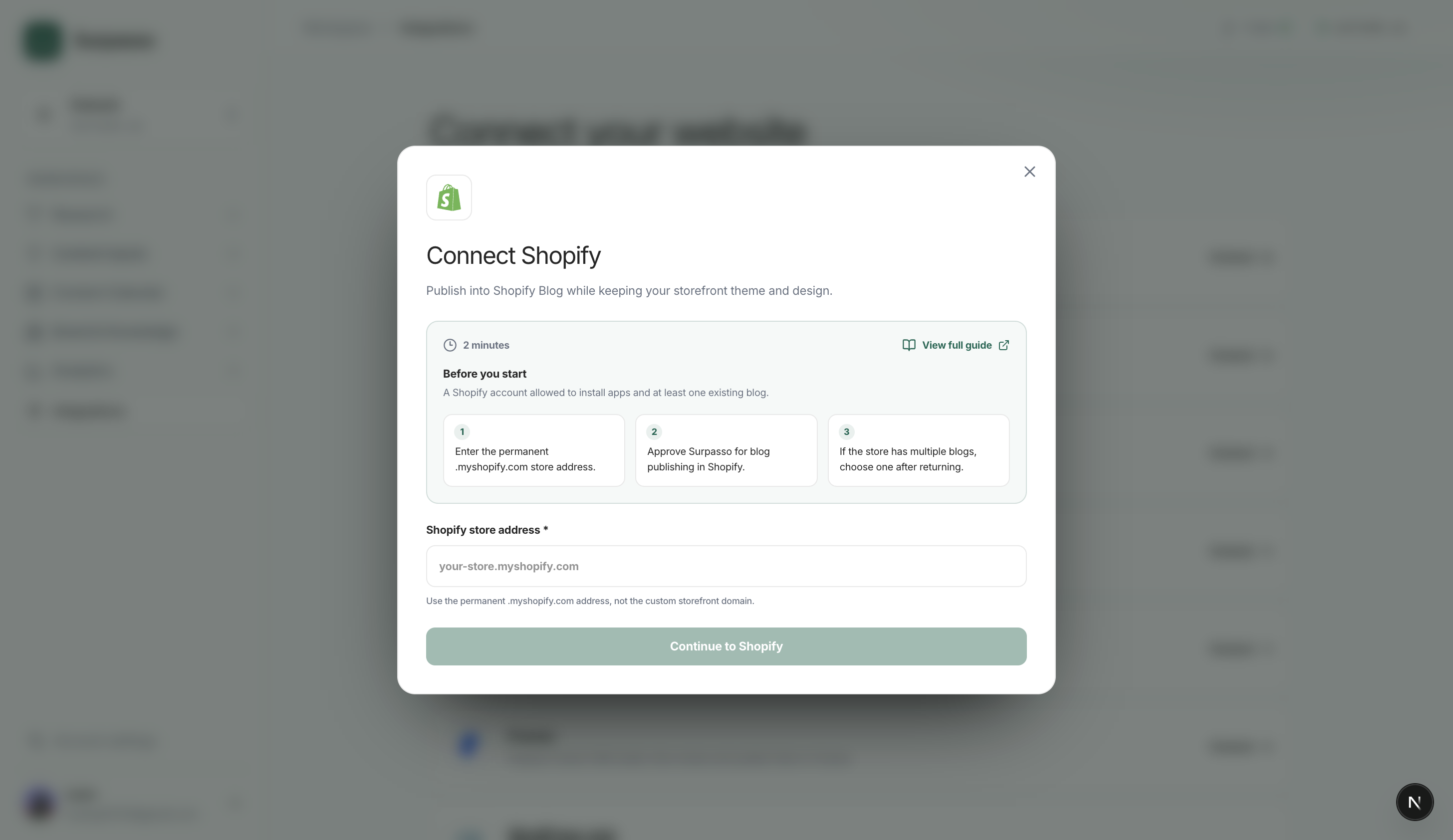Surpasso Shopify connection window shown after the permanent myshopify.com address has been found in Shopify