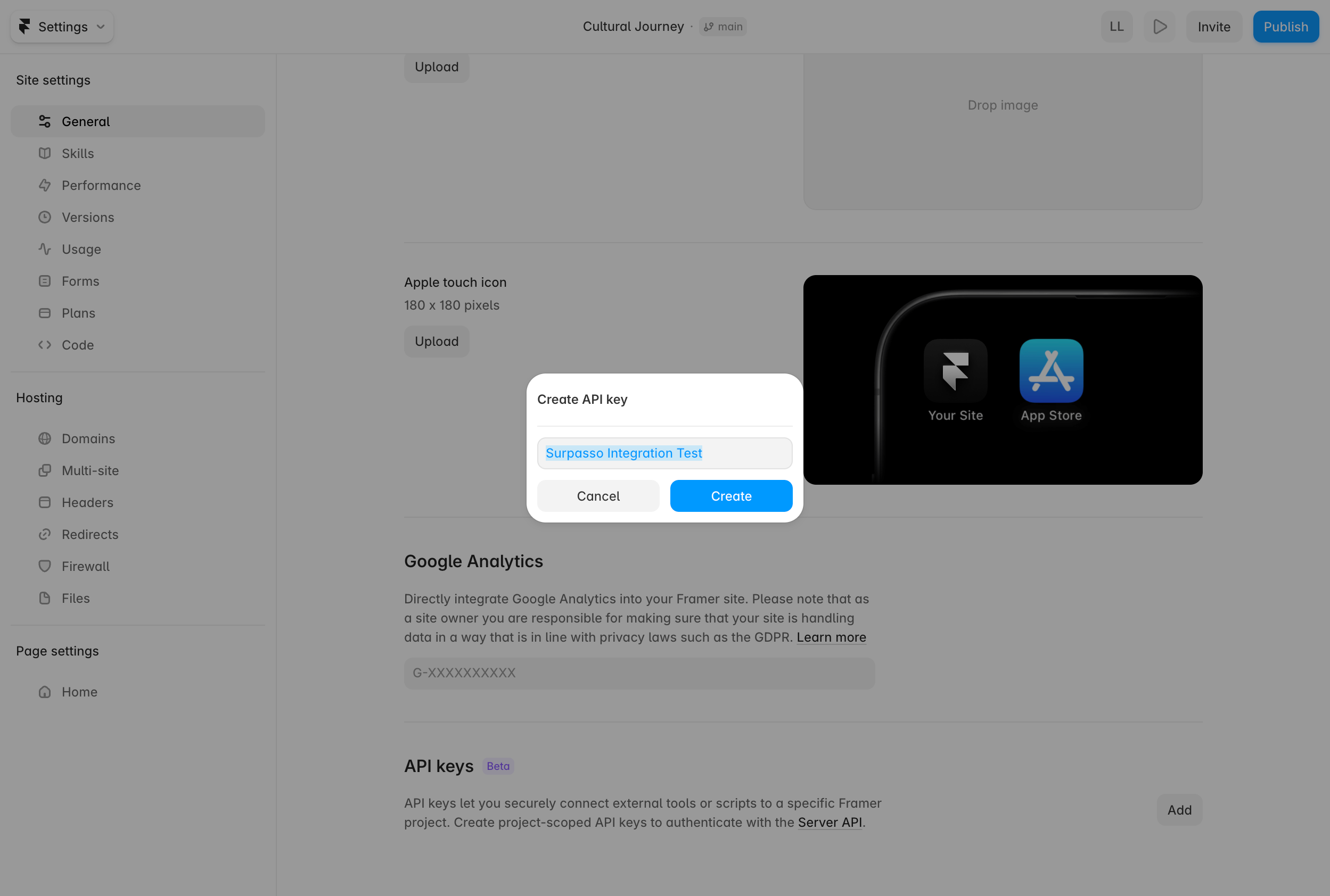 Framer Site Settings showing the project-scoped API key creation dialog