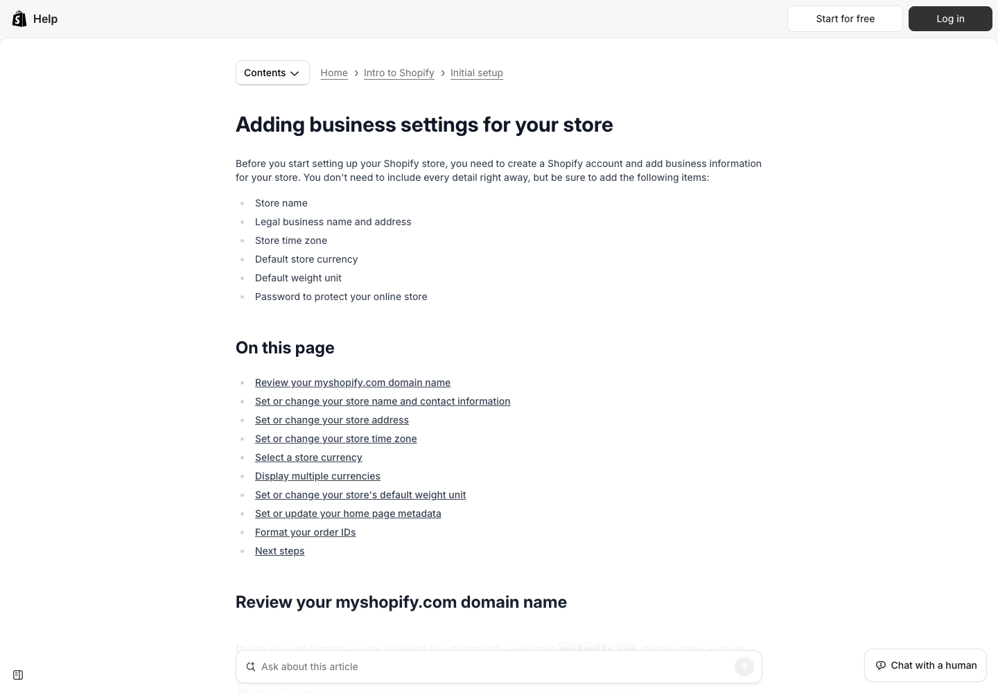Shopify Help showing the section for reviewing a store's myshopify.com domain name