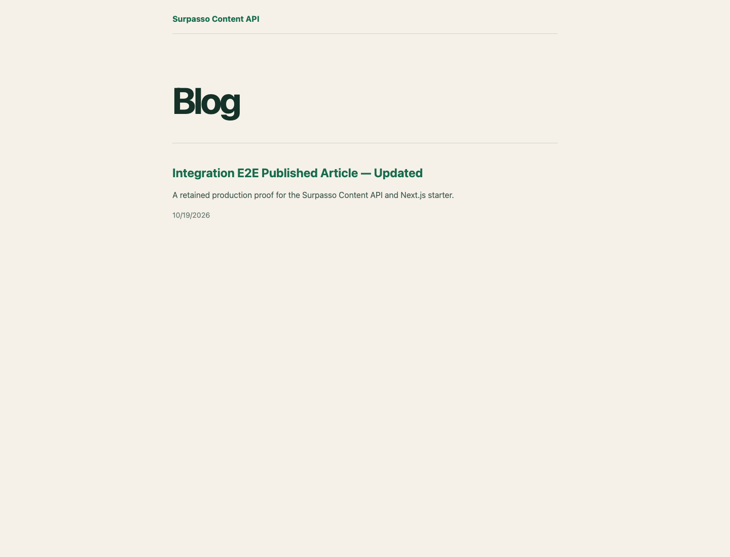 The deployable Next.js starter rendering the retained revision-2 article from the production Content API.