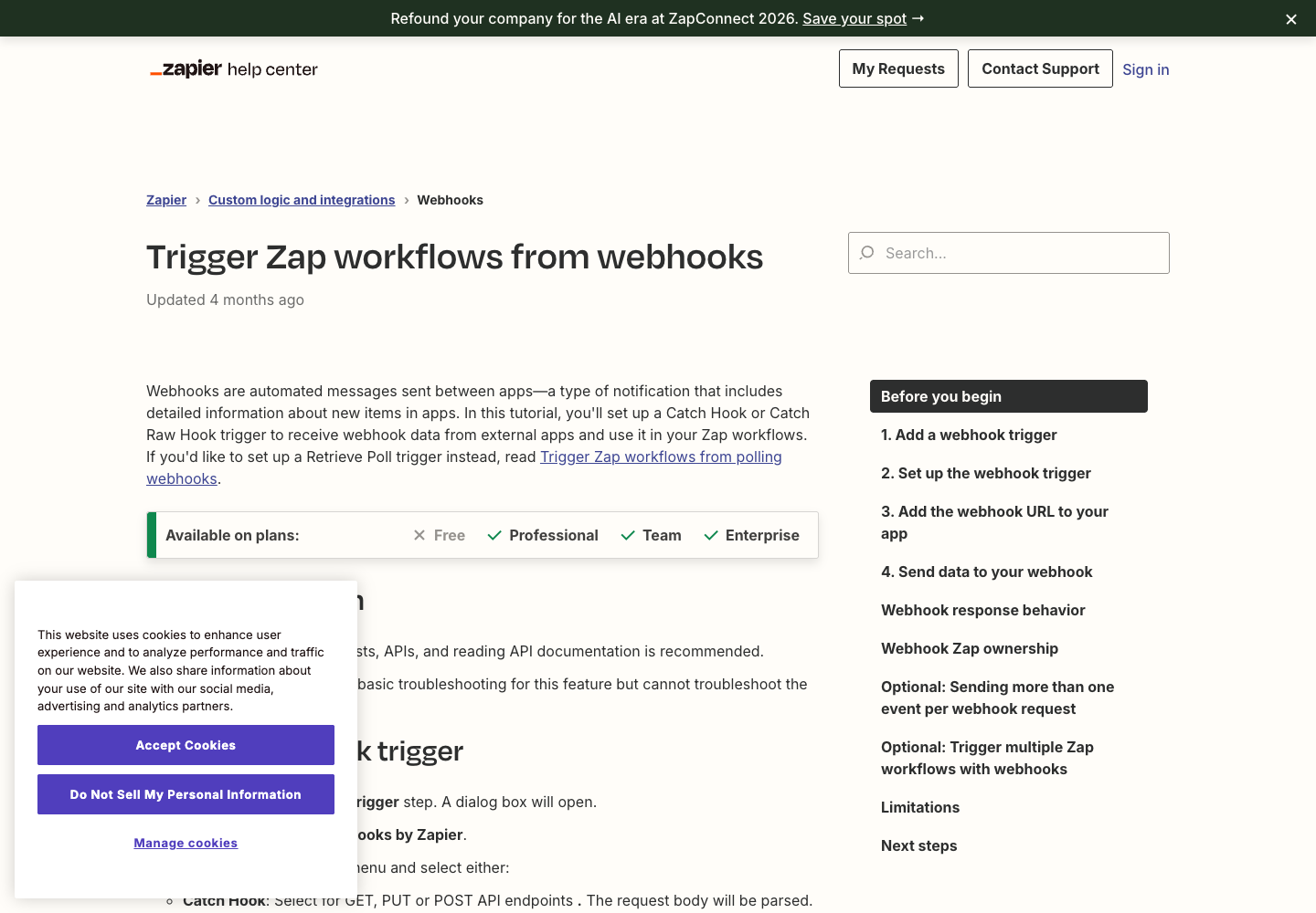 Zapier Help guide for creating a Catch Hook trigger, copying the webhook URL, and sending test data