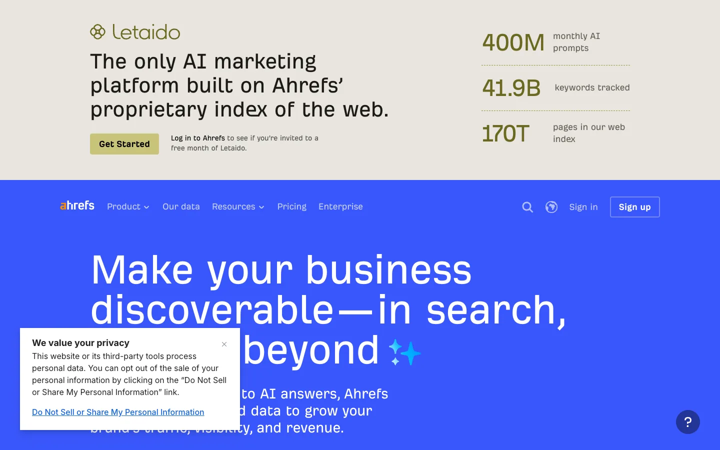 Ahrefs official homepage, captured 2026-10-25