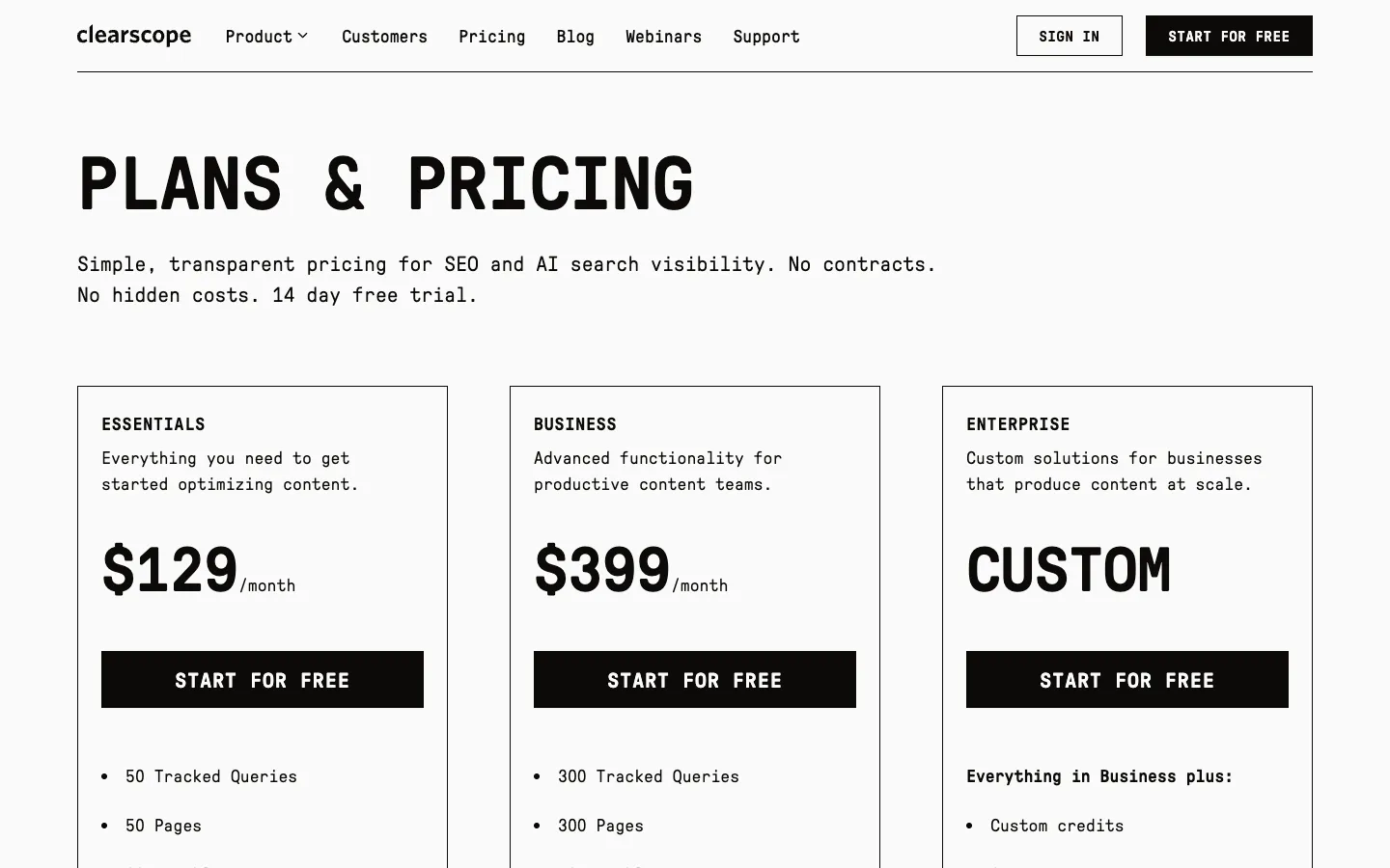 Clearscope Official pricing and plan details
