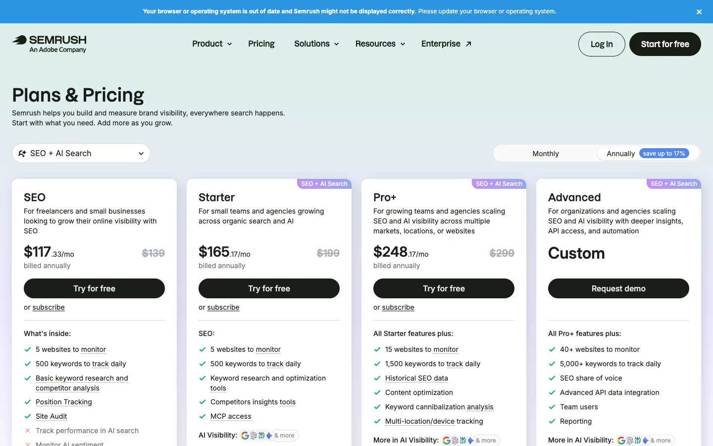 Semrush Official pricing and plan details