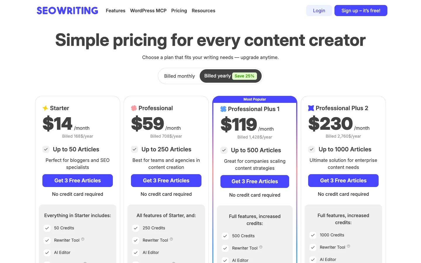SEO Writing AI Official pricing and plan details